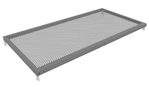 knjwdw6ukdlc7c3caw8j.jpg A rectangular metal mesh tray with a grid-like pattern and sturdy borders. The tray features small perforations throughout its surface and is supported by four small brackets on each corner. Its color is grey.