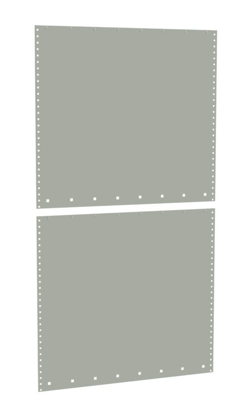 Two rectangular green sheets of perforated paper are aligned vertically. Each sheet has evenly spaced holes along its top edge and sides, with a horizontal tear line separating them in the middle.
