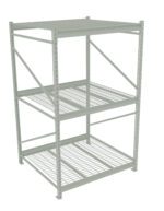 A light gray industrial shelving unit with three levels, featuring metal wire grids for shelves and sturdy support beams. It is assembled with perforated metal for adjustable shelving heights.