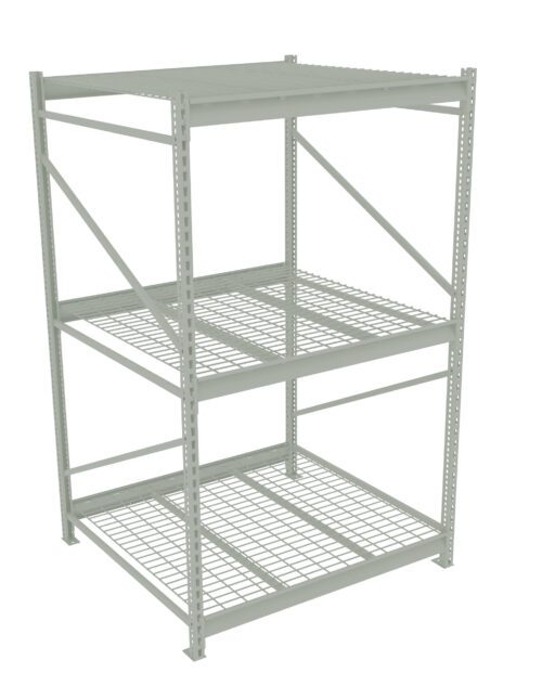 A light gray industrial shelving unit with three levels, featuring metal wire grids for shelves and sturdy support beams. It is assembled with perforated metal for adjustable shelving heights.