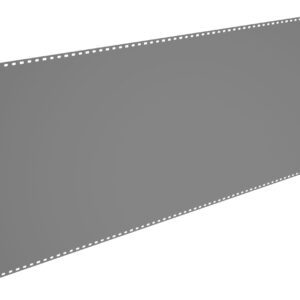 A long, narrow strip of gray film with perforated edges along its length is depicted against a white background. The film is oriented diagonally from the bottom left to the top right of the image.