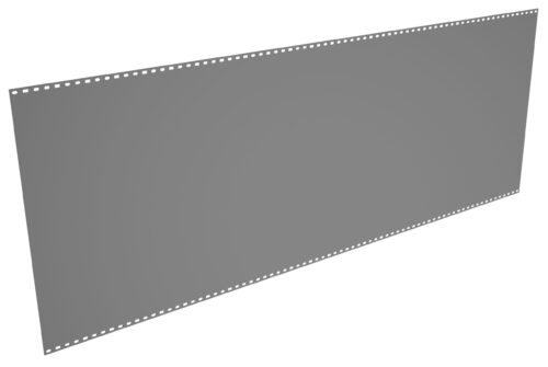 A long, narrow strip of gray film with perforated edges along its length is depicted against a white background. The film is oriented diagonally from the bottom left to the top right of the image.