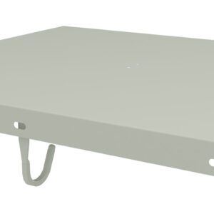 Metal platform with a flat surface, featuring four small holes on the edges and underside. It has a folded loop beneath. The platform appears to be designed for mounting or structural purposes.
