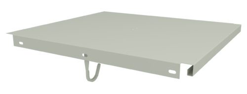 Metal platform with a flat surface, featuring four small holes on the edges and underside. It has a folded loop beneath. The platform appears to be designed for mounting or structural purposes.