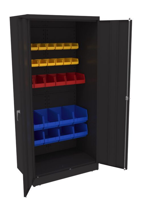 A black metal storage cabinet with open doors reveals colorful storage bins inside. The cabinet holds three shelves with yellow bins on the top, red bins in the middle, and blue bins at the bottom, organized neatly in rows.