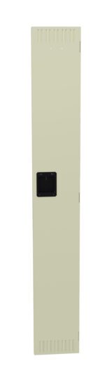 A tall, beige, rectangular metal cabinet or locker door featuring a black handle in the center and ventilation slits at the top and bottom.