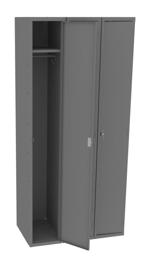 A gray metal locker with three compartments. The left compartment door is open, revealing a rod and shelf inside. The middle and right compartment doors are closed. The locker has a flat top and simple design.