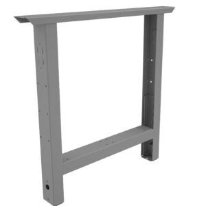 Gray metal frame for a table or desk, with a rectangular shape and adjustable height mechanism. It features several drilled holes for customization and ports for cable management.