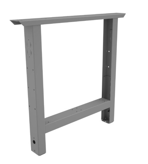 Gray metal frame for a table or desk, with a rectangular shape and adjustable height mechanism. It features several drilled holes for customization and ports for cable management.