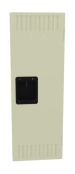 A tall, beige metal cabinet door with vent slots at the top and bottom. There is a rectangular black handle in the center. The door has a simple, industrial design.
