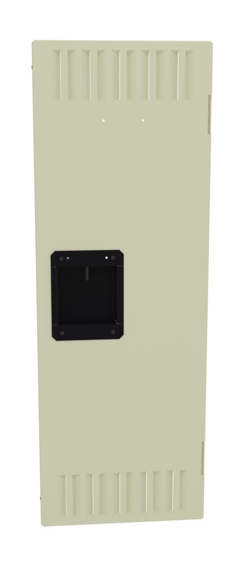 kppoqtrpaf96xdd014it.jpg A tall, beige metal cabinet door with vent slots at the top and bottom. There is a rectangular black handle in the center. The door has a simple, industrial design.