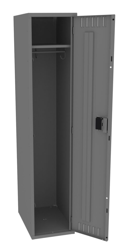 kqdnfvaw7tsk5iha241q.jpg A tall, gray metal locker with one door open. Inside, a single shelf is visible at the top, and a metal bar with two hooks is attached below it. The locker has a simple, industrial design.