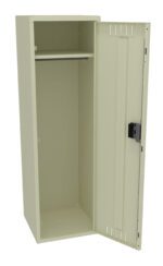 Open beige metal locker with a single shelf and a hanging rod inside. The locker door is partially open, revealing a black locking mechanism.