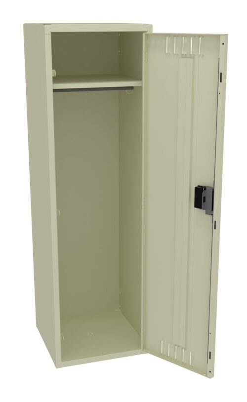 Open beige metal locker with a single shelf and a hanging rod inside. The locker door is partially open, revealing a black locking mechanism.