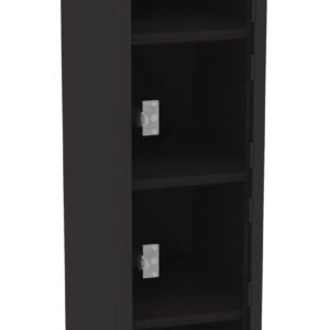 A tall, black, metal locker with six compartments, each with individual locks. The doors are slightly open, revealing empty shelves inside. The locker is standing upright against a plain background.