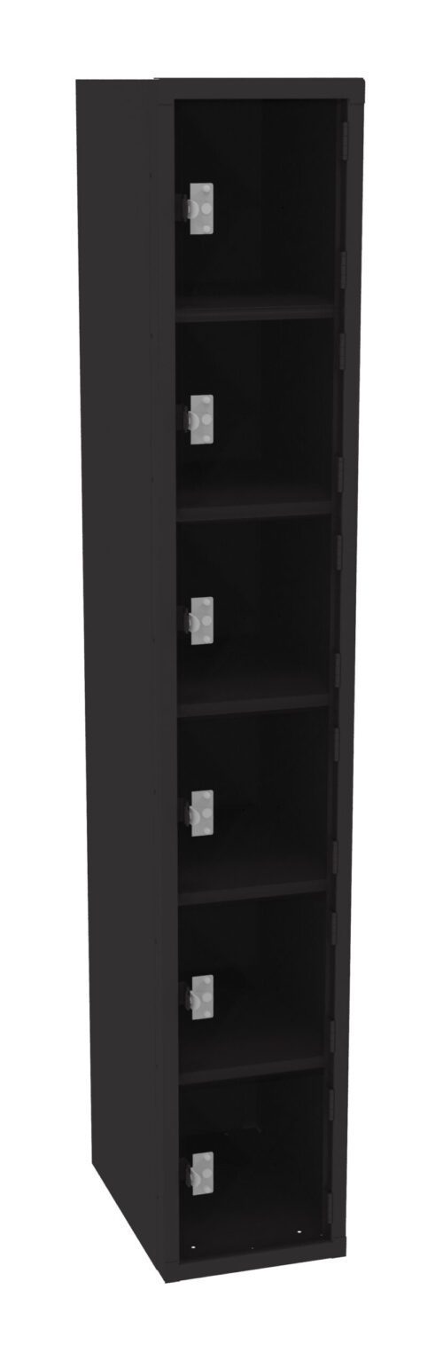 kqzc6c0kfh0qhy2trtno.jpg A tall, black, metal locker with six compartments, each with individual locks. The doors are slightly open, revealing empty shelves inside. The locker is standing upright against a plain background.
