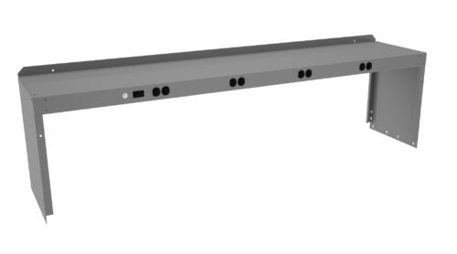 A long, L-shaped grey metal bracket with multiple black circular openings and rectangular cutouts along its length, designed for mounting or cable management. The bracket features mounting holes on its vertical sides.