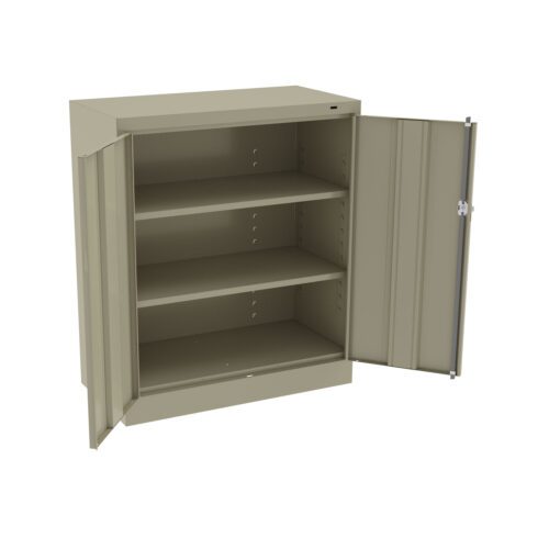 An open gray metal storage cabinet with two doors wide open. It has three interior shelves with adjustable positions, designed for organizing and storing items. The cabinet is set against a plain white background.