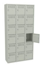 A bank of three beige locker columns, each with five compartments. The middle column has an open locker showing a lock inside. Each compartment has a vented door with a handle and a label holder.
