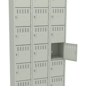 A bank of three beige locker columns, each with five compartments. The middle column has an open locker showing a lock inside. Each compartment has a vented door with a handle and a label holder.