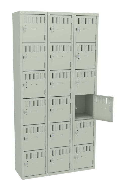 A bank of three beige locker columns, each with five compartments. The middle column has an open locker showing a lock inside. Each compartment has a vented door with a handle and a label holder.
