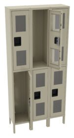 A beige metal locker with six compartments arranged in two rows. Each compartment has a black handle and a transparent window. One locker in the top row and one in the bottom row are open.