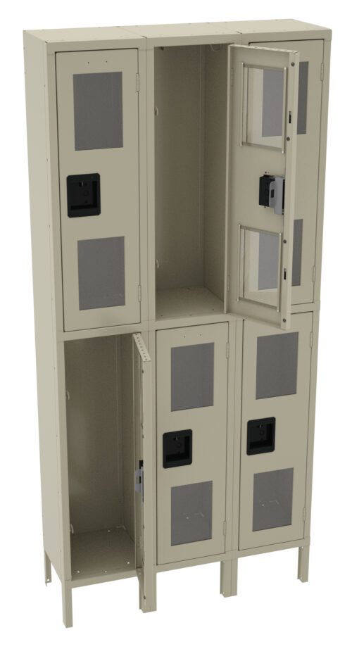 A beige metal locker with six compartments arranged in two rows. Each compartment has a black handle and a transparent window. One locker in the top row and one in the bottom row are open.