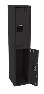 Black metal locker with two compartments, the top one is closed and the bottom one is open. It features horizontal ventilation slits and a metal latch on the open door. The locker stands on a white background.