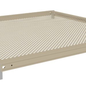 A beige perforated metal panel, forming a square frame with small round holes evenly distributed across its surface, resting on four silver metal brackets at each corner.