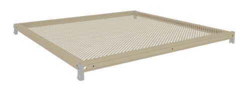 kry7j7lkqyretwf91owh.jpg A beige perforated metal panel, forming a square frame with small round holes evenly distributed across its surface, resting on four silver metal brackets at each corner.