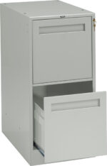 A gray, vertical two-drawer filing cabinet with the top drawer closed and the bottom drawer open. The cabinet has a lock on the top drawer and is shown against a plain white background.