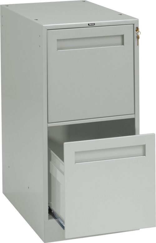 A gray, vertical two-drawer filing cabinet with the top drawer closed and the bottom drawer open. The cabinet has a lock on the top drawer and is shown against a plain white background.