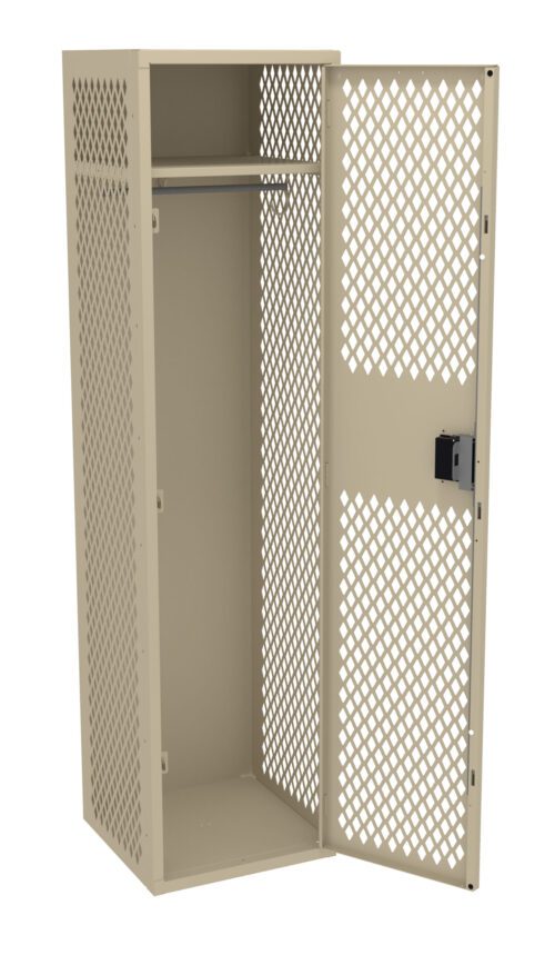 Outdoor metal locker with perforated mesh design and open door. It has a single horizontal bar inside for hanging items and a lock mechanism on the door. Beige color.