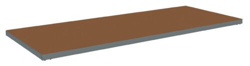 ksvvuaqmysrwddrhilbn.jpg A rectangular, flat platform with a brown surface and gray edges. The perspective shows it angled slightly from the top, revealing its thickness and edges. The background is plain white.