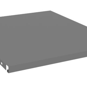 A gray, flat metal shelf viewed at an angle, showing its rectangular shape and simple design. The surface appears smooth with a slight shadow suggesting depth. The background is plain white.