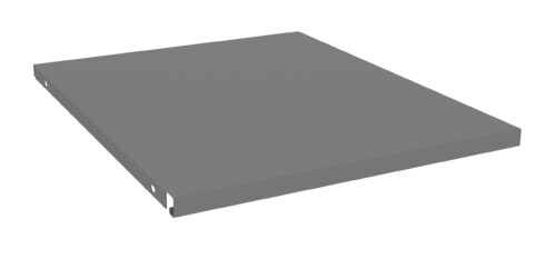 A gray, flat metal shelf viewed at an angle, showing its rectangular shape and simple design. The surface appears smooth with a slight shadow suggesting depth. The background is plain white.