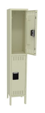 A tall, beige metal locker with two compartments is shown. The top compartment door is open, revealing an empty interior. The bottom compartment door is closed. The locker stands on four legs.