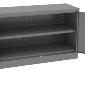 A gray metal cabinet with two open doors, revealing two shelves inside. The interior is spacious, and the cabinet has small ventilation holes on the back panel.
