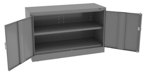 kttzogi48o898yobqnyf.jpg A gray metal cabinet with two open doors, revealing two shelves inside. The interior is spacious, and the cabinet has small ventilation holes on the back panel.