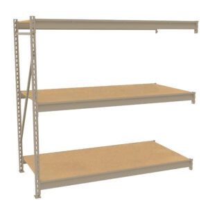 A three-tier beige metal shelving unit with wooden shelves. The frame has a simple, utilitarian design with perforated beams for adjustable shelf placement. The shelves are unoccupied, and the unit is set against a plain white background.