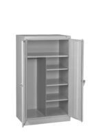 A gray metal cabinet with two open doors. The right side contains multiple adjustable shelves, while the left side has a single large compartment with a rod for hanging items. Both doors have secure locks.