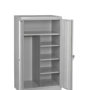 A gray metal cabinet with two open doors. The right side contains multiple adjustable shelves, while the left side has a single large compartment with a rod for hanging items. Both doors have secure locks.