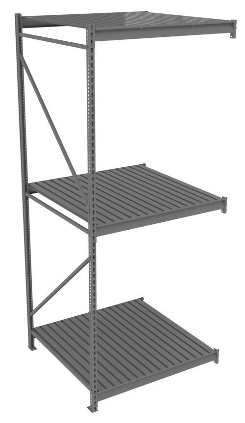 ku5vefcfksj0oosrhcqw.jpg A gray metal shelving unit with three slatted shelves positioned vertically. The frame has diagonal support bars on one side and adjustable height grooves. The design is simple and industrial, suitable for storage or warehouse use.