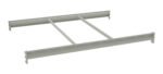 Metal bed frame with a rectangular shape, including two long horizontal beams and three shorter vertical supports, designed to hold a mattress. The frame is minimalist and has a light gray color.