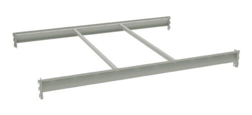 Metal bed frame with a rectangular shape, including two long horizontal beams and three shorter vertical supports, designed to hold a mattress. The frame is minimalist and has a light gray color.