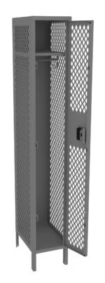 A gray, tall metal locker with a diamond mesh pattern is open, showing an empty interior. The locker has a top shelf and a hanging rod and stands on four legs. The door features a lock mechanism.