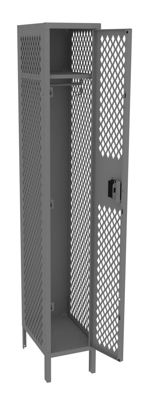 kubg5p0o0kkyv0qj7y1l.jpg A gray, tall metal locker with a diamond mesh pattern is open, showing an empty interior. The locker has a top shelf and a hanging rod and stands on four legs. The door features a lock mechanism.