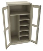 A beige storage cabinet with open doors, revealing multiple shelves on the right side and two larger shelves on the left. The cabinet has a simple, industrial design with a handle on each door.