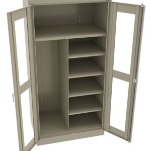 A beige storage cabinet with open doors, revealing multiple shelves on the right side and two larger shelves on the left. The cabinet has a simple, industrial design with a handle on each door.