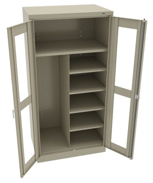 kud6ww1nncgmvihxsihs.jpg A beige storage cabinet with open doors, revealing multiple shelves on the right side and two larger shelves on the left. The cabinet has a simple, industrial design with a handle on each door.